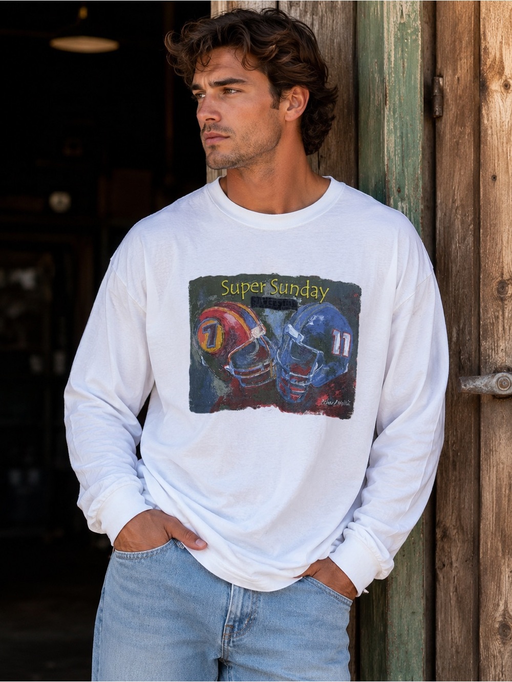 Vintage 90s "Super Sunday" Long Sleeve Football Graphic T-Shirt - Size Lar